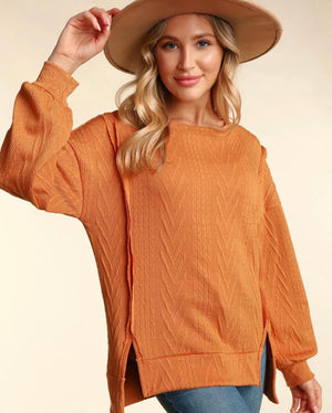 Rust Oversized Cable Knit Pullover With Slits Top