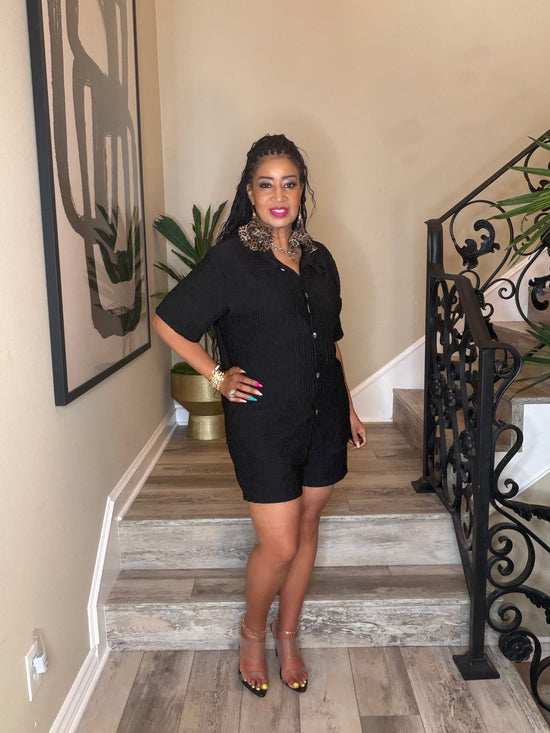 Black Crinkle Button Short Set