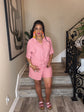 Pink Crinkle Button Short Set