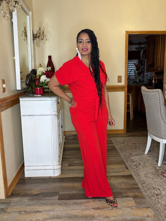 Short Sleeve Lapel Collar Jumpsuit-Red