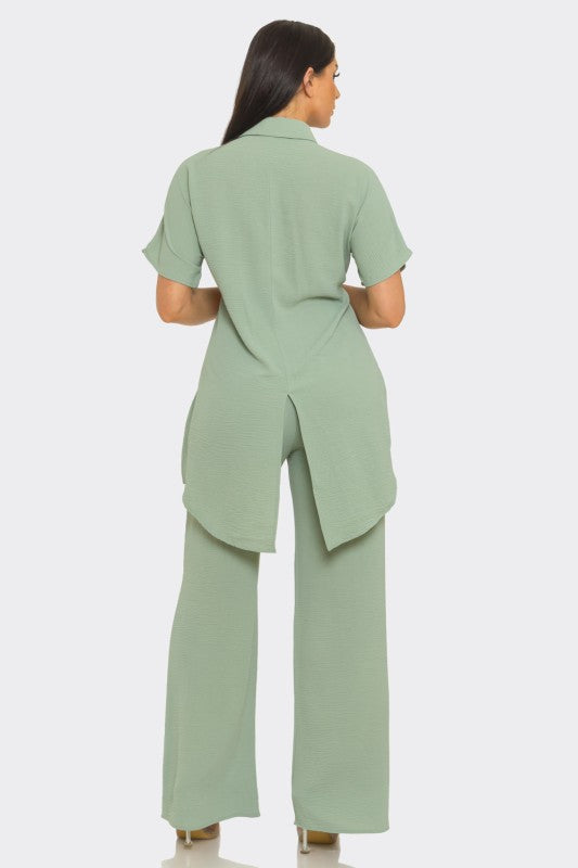 Pants Set with Slit Top-Sage