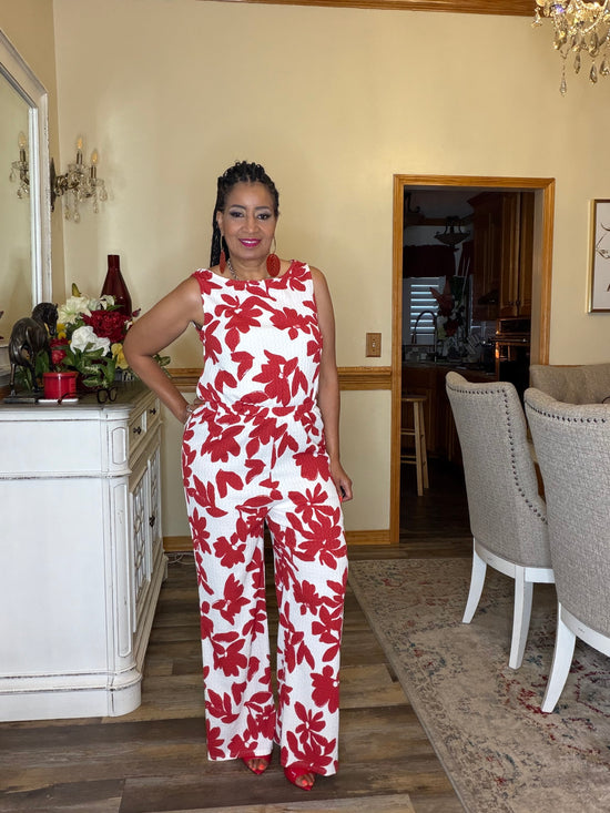 Sleeveless Print Texture Knit Jumpsuit-Red White