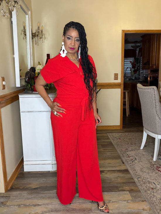 Short Sleeve Lapel Collar Jumpsuit-Red