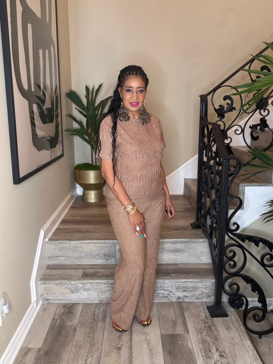 Brown Crinkle Pants Set
