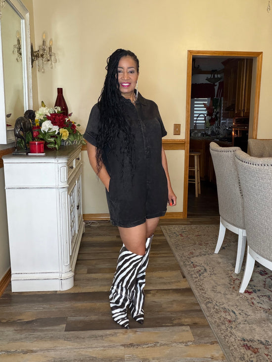 Mineral Wash Denim Romper-Black