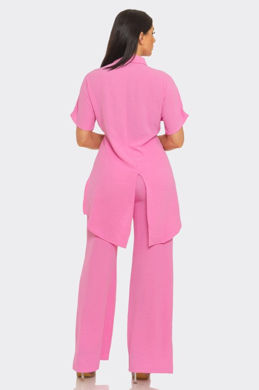 Pants Set with Slit Top-Pink