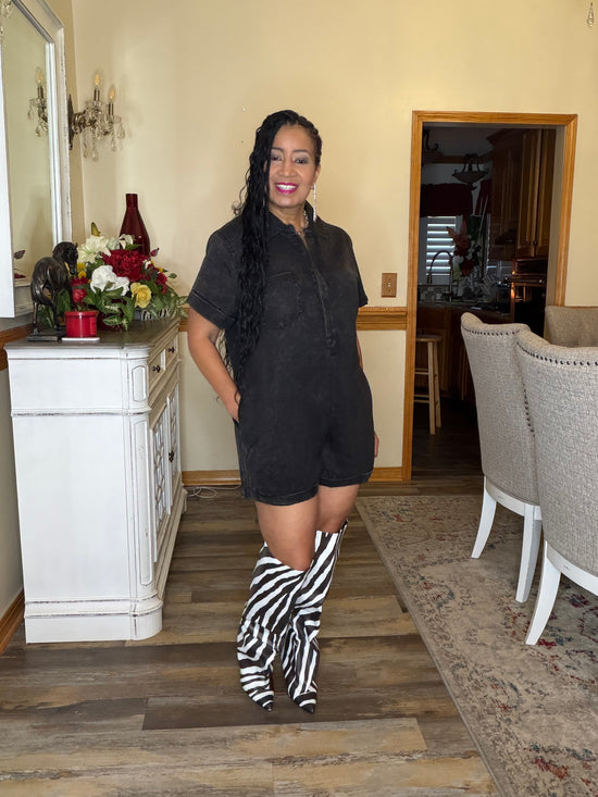 Mineral Wash Denim Romper-Black
