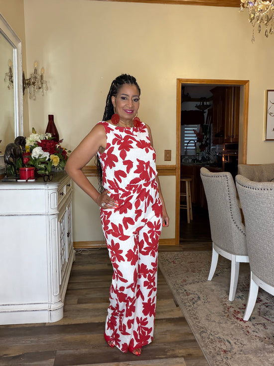 Sleeveless Print Texture Knit Jumpsuit-Red White