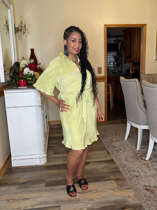 Lime BUTTON DOWN DRESS WITH WAIST SASH