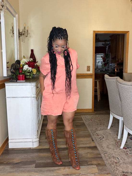 Mineral Wash Denim Romper-Coral