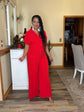 Short Sleeve Lapel Collar Jumpsuit-Red