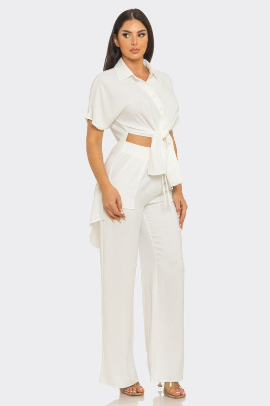 Pants Set with Slit Top-White