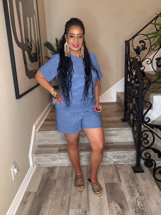 Denim Crinkle Short Set