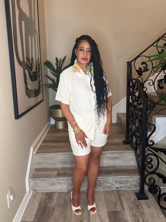 Ivory Crinkle Button Up Short Set