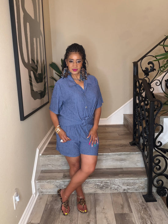 Demin Blue Crinkle Button Short Set