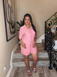 Pink Crinkle Button Short Set
