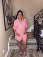 Pink Crinkle Button Short Set