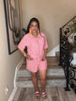 Pink Crinkle Button Short Set