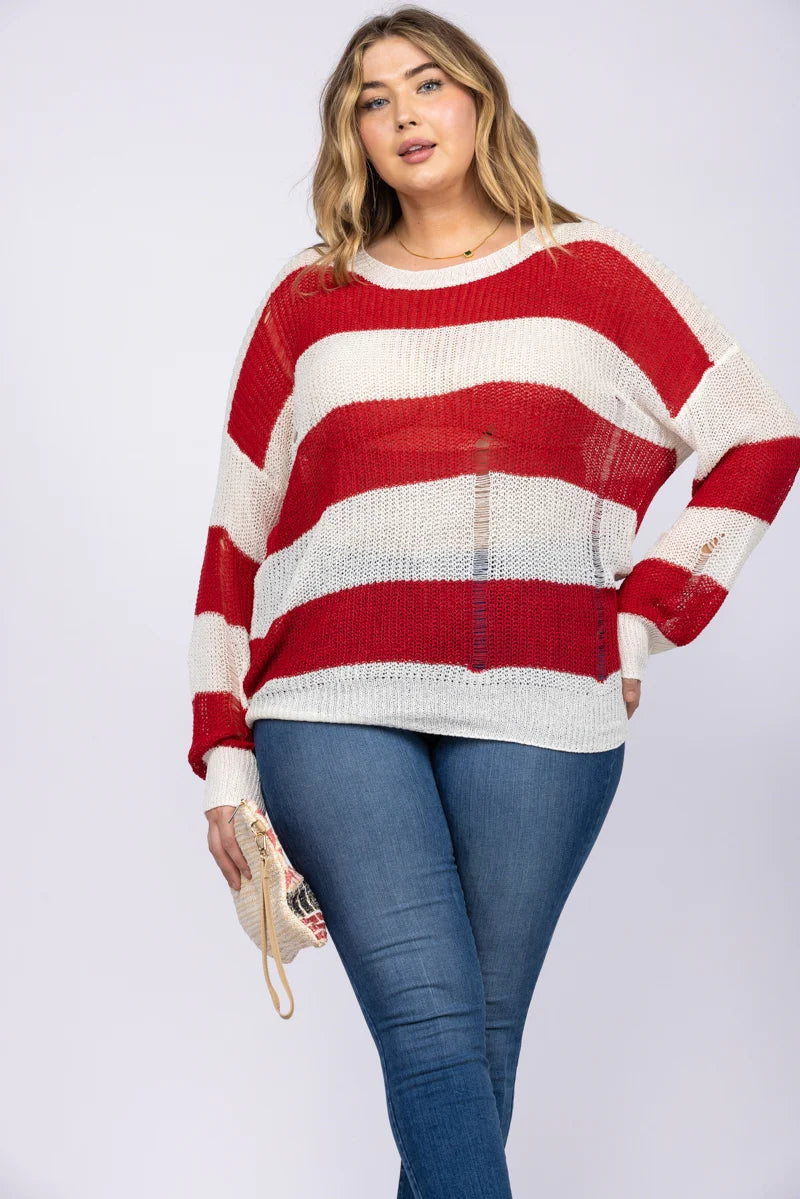 Plus Distressed Sweater-Red Stripe