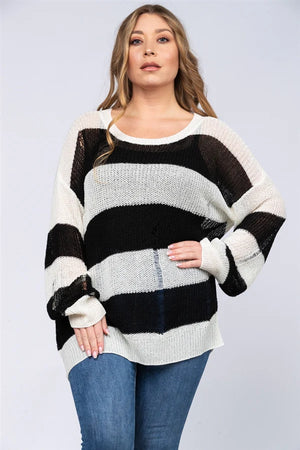 Plus Distressed Sweater-Navy Stripe
