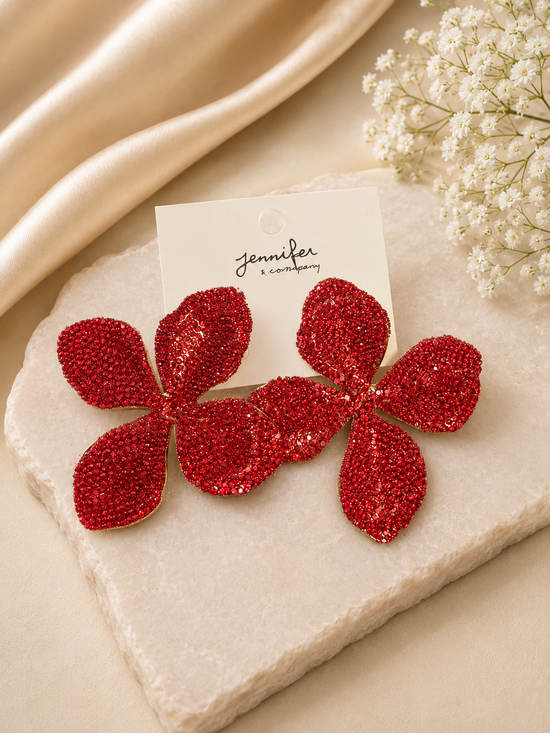Red Flower Rhinestone Earrings