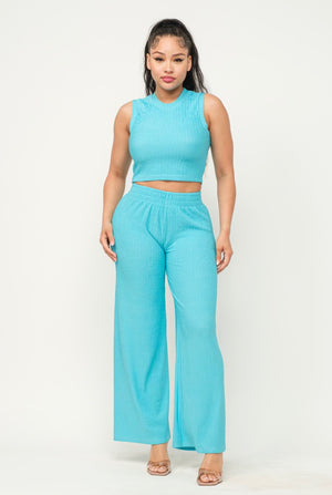 Two Piece Crinkle Halter Set-Turquoise